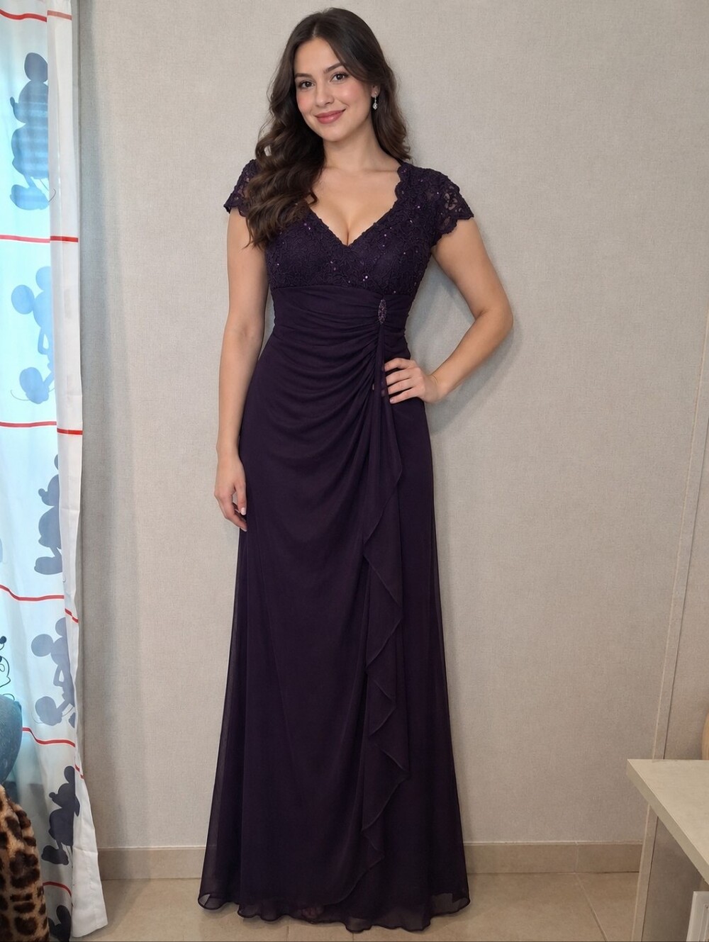 Betsy & Adam Deep Purple Beaded Lace V-Neck Maxi Dress Sz 8 party dress